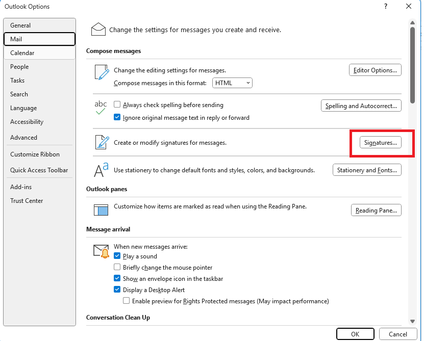 Outlook Options > Mail > Signatures