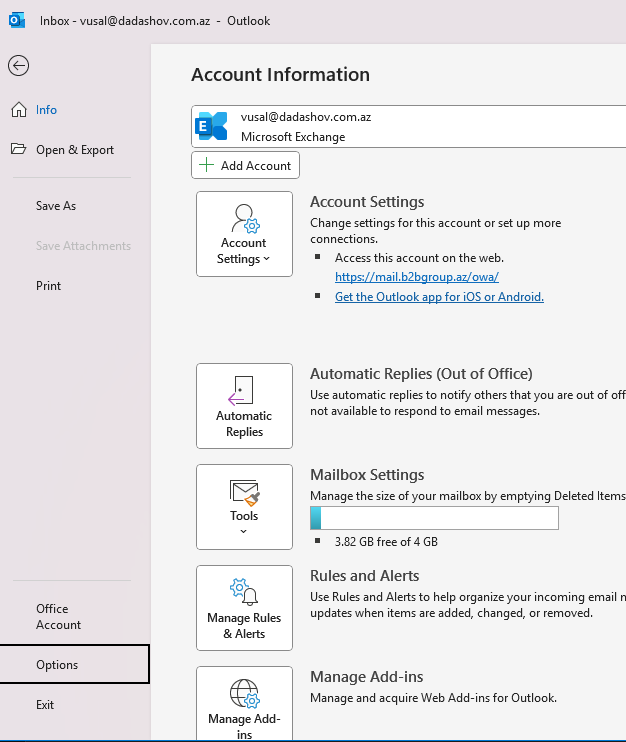 Outlook File > Options